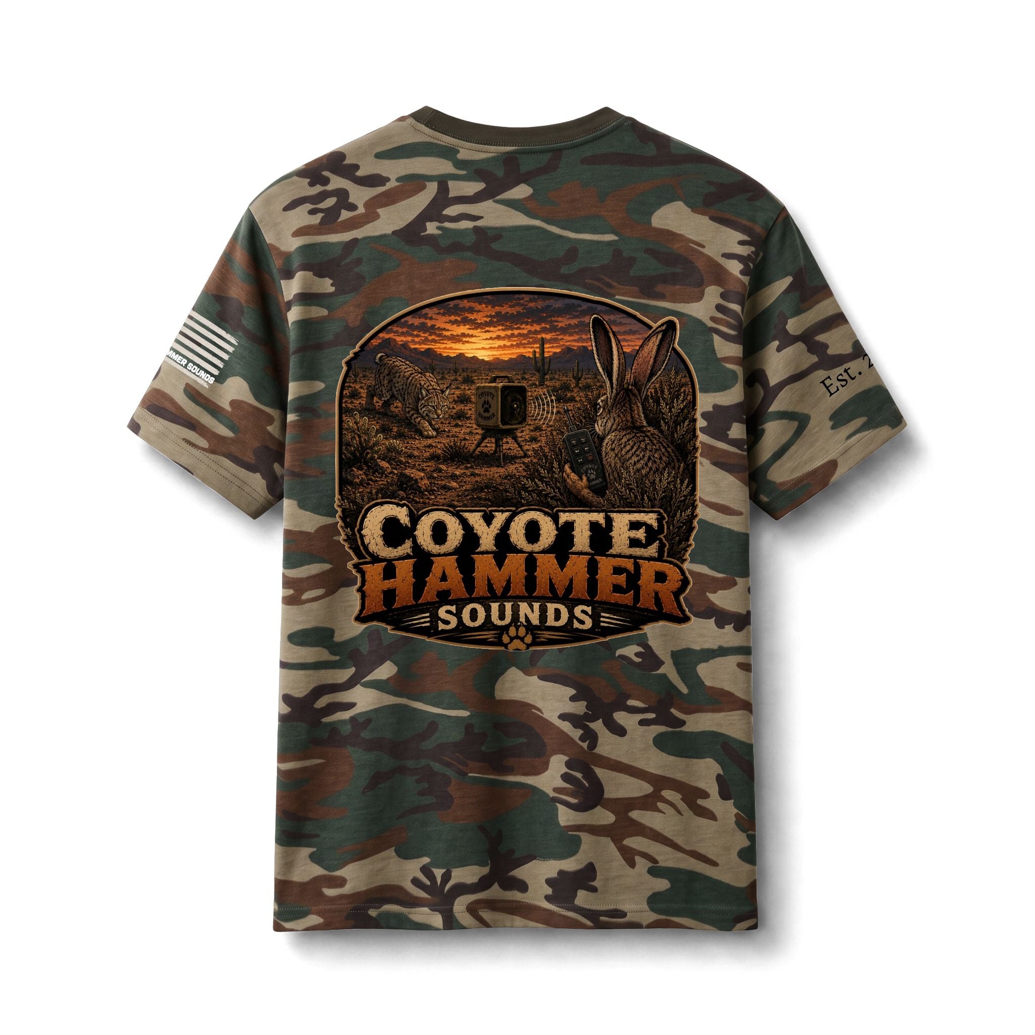 Camo Tee — "Coyote Hammer Sounds" Graphic Hunting Shirt