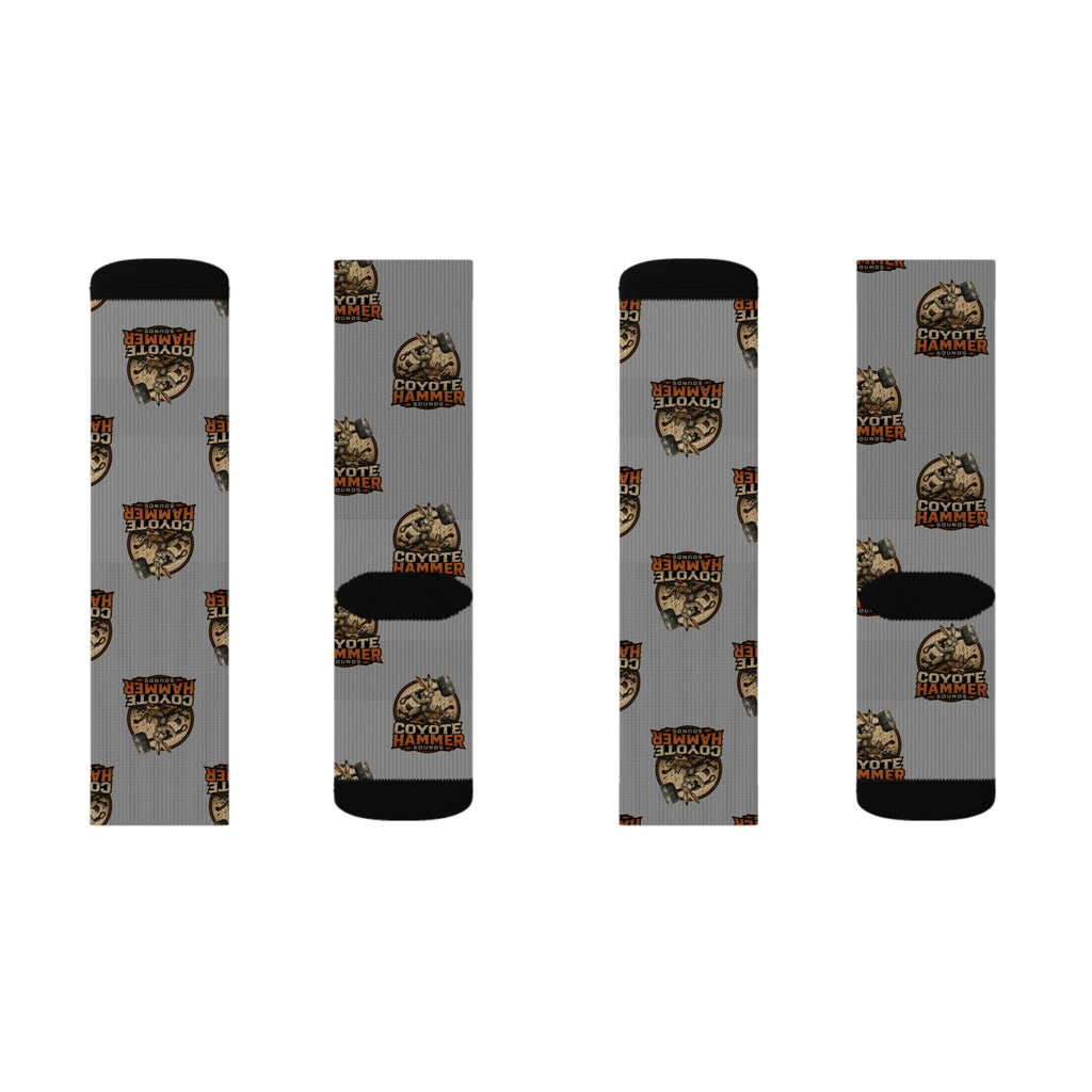 Gray Coyote Hunter Logo Sublimation Socks — Novelty Outdoor Hunting Crew Socks