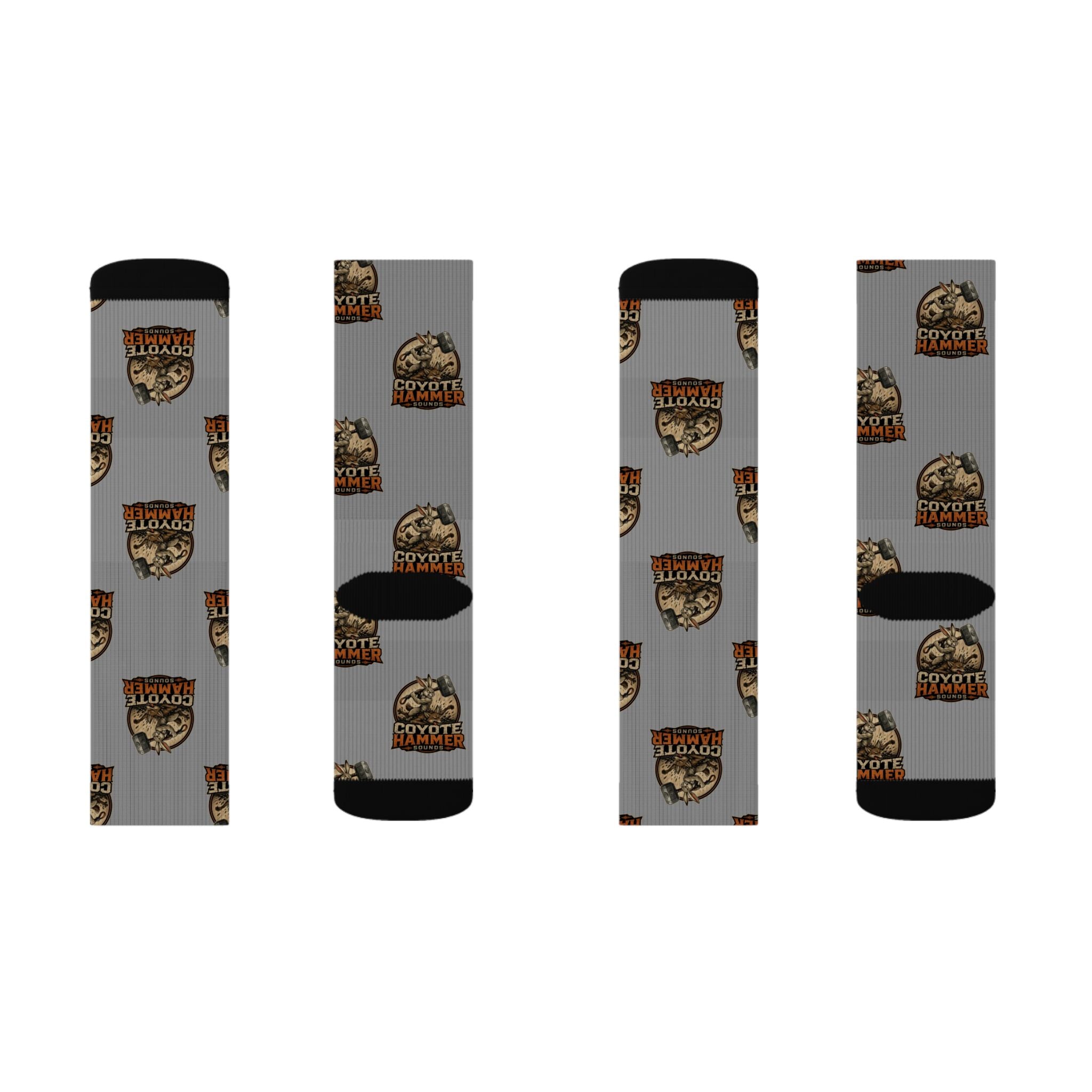 Gray Coyote Hunter Logo Sublimation Socks — Novelty Outdoor Hunting Crew Socks