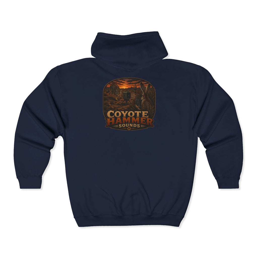 Calling Jack-Coyote Hammer Sounds Zip Hoodie — Rustic Outdoor Hunting Logo Sweatshirt