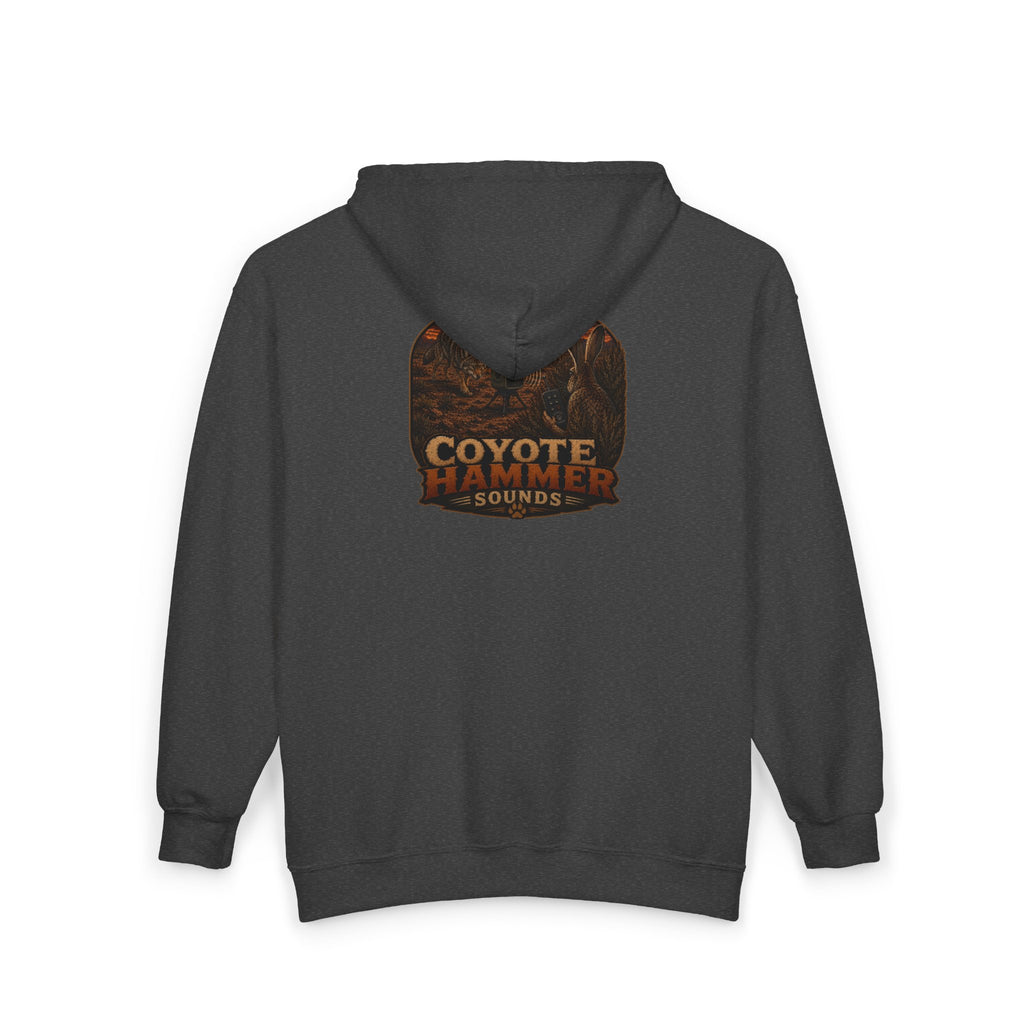 Calling Jack-Coyote Hammer Sounds Zip Hoodie — Rustic Outdoor Hunting Logo Sweatshirt