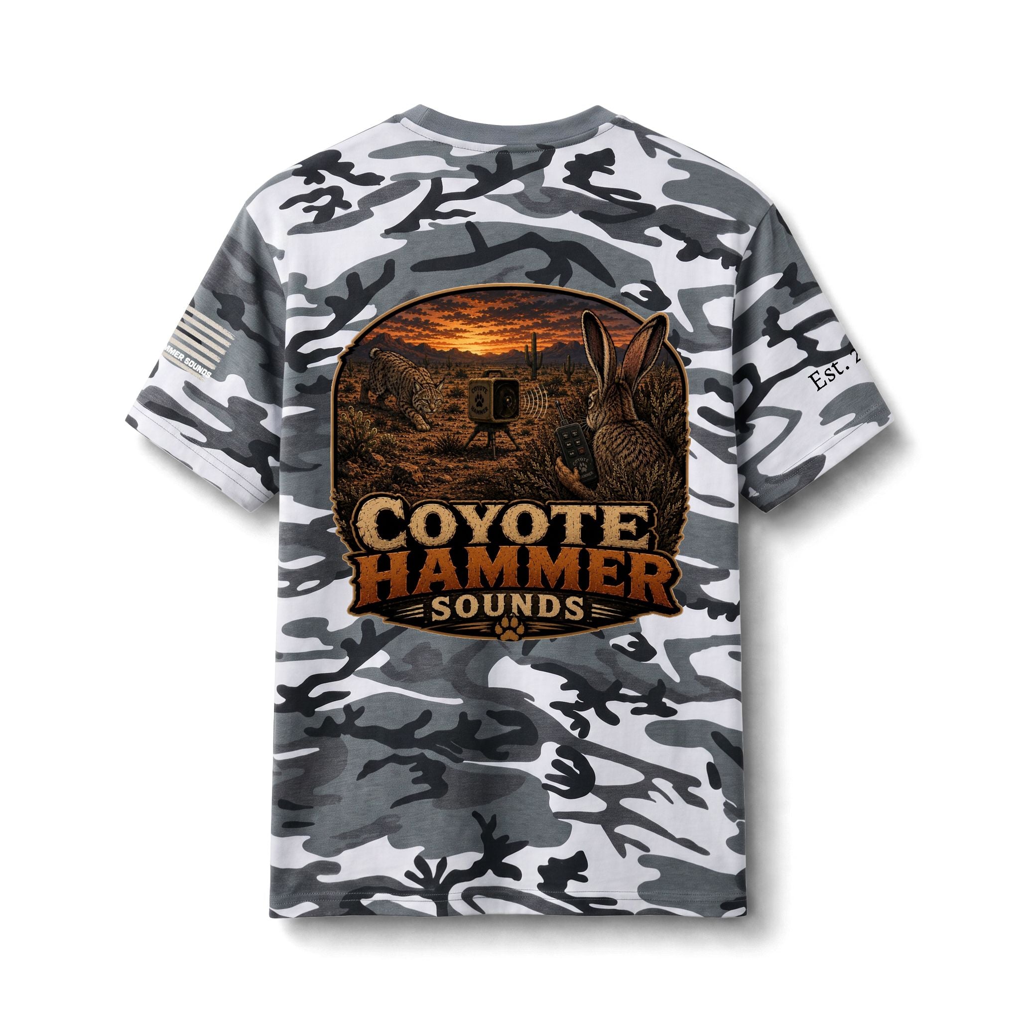 Camo Tee — "Coyote Hammer Sounds" Graphic Hunting Shirt