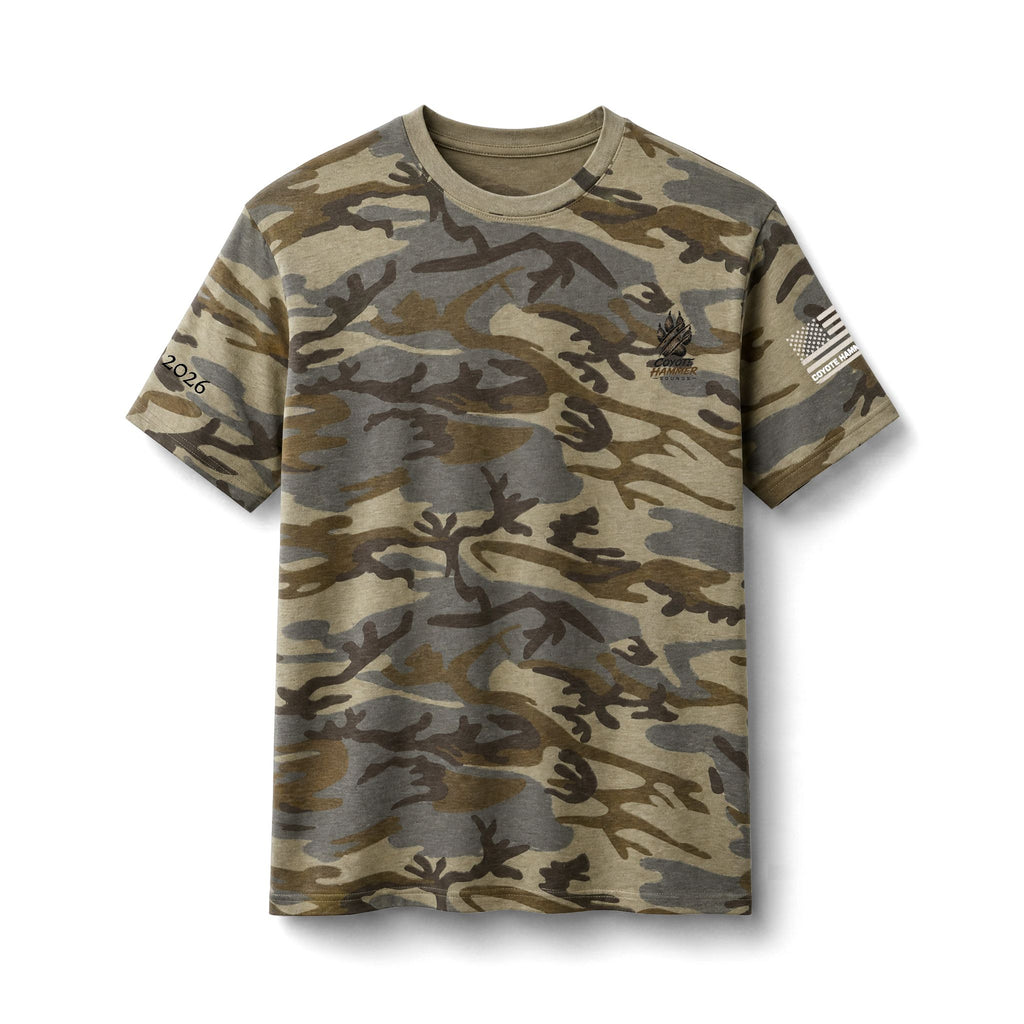 Camo Tee — "Coyote Hammer Sounds" Graphic Hunting Shirt