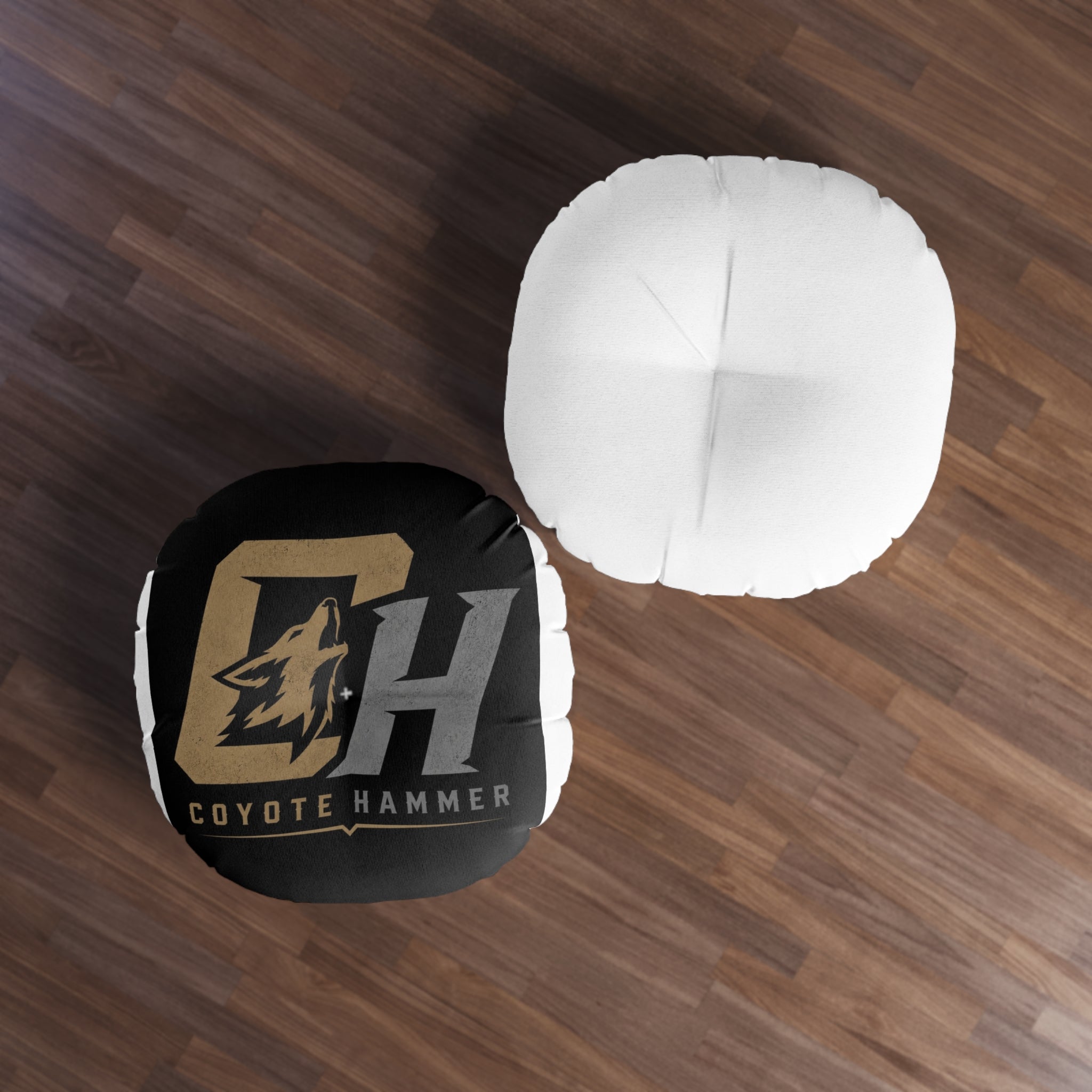 Coyote Hammer Logo Round Tufted Floor Pillow — Black Team Emblem Cushion