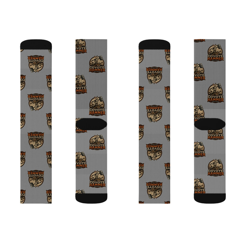 Gray Coyote Hunter Logo Sublimation Socks — Novelty Outdoor Hunting Crew Socks