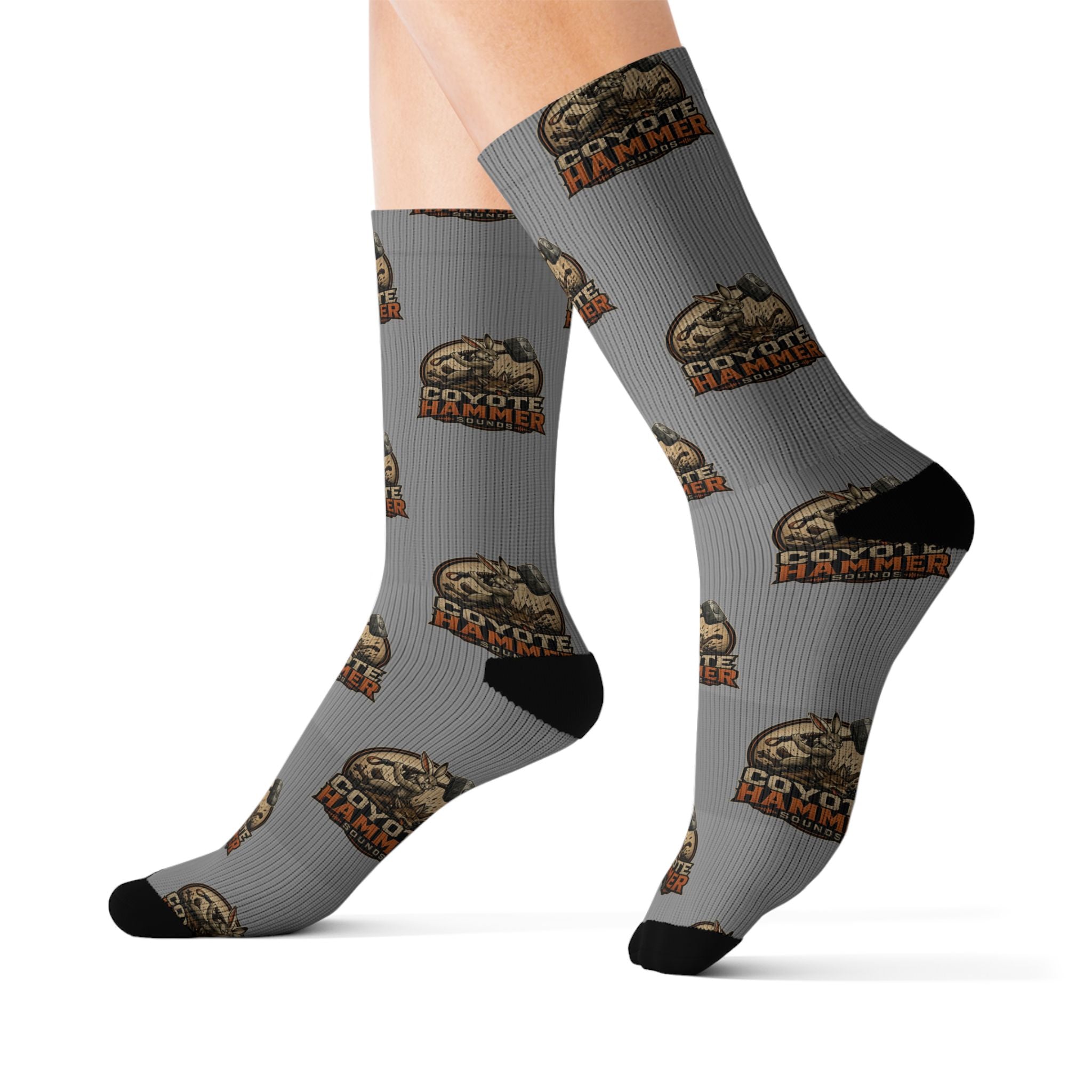 Gray Coyote Hunter Logo Sublimation Socks — Novelty Outdoor Hunting Crew Socks
