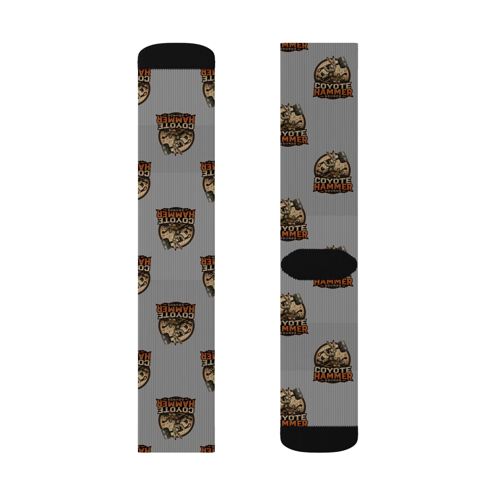 Gray Coyote Hunter Logo Sublimation Socks — Novelty Outdoor Hunting Crew Socks