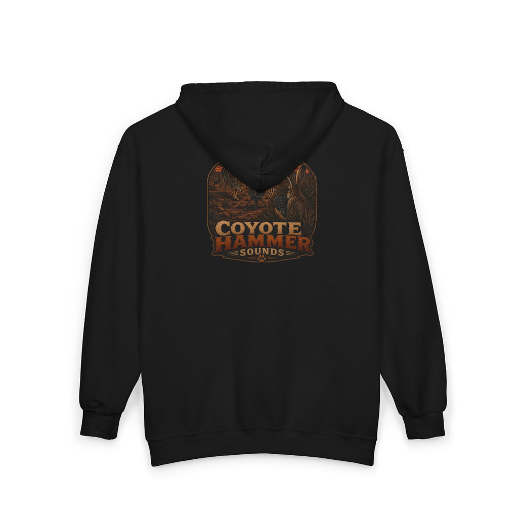 Calling Jack-Coyote Hammer Sounds Zip Hoodie — Rustic Outdoor Hunting Logo Sweatshirt
