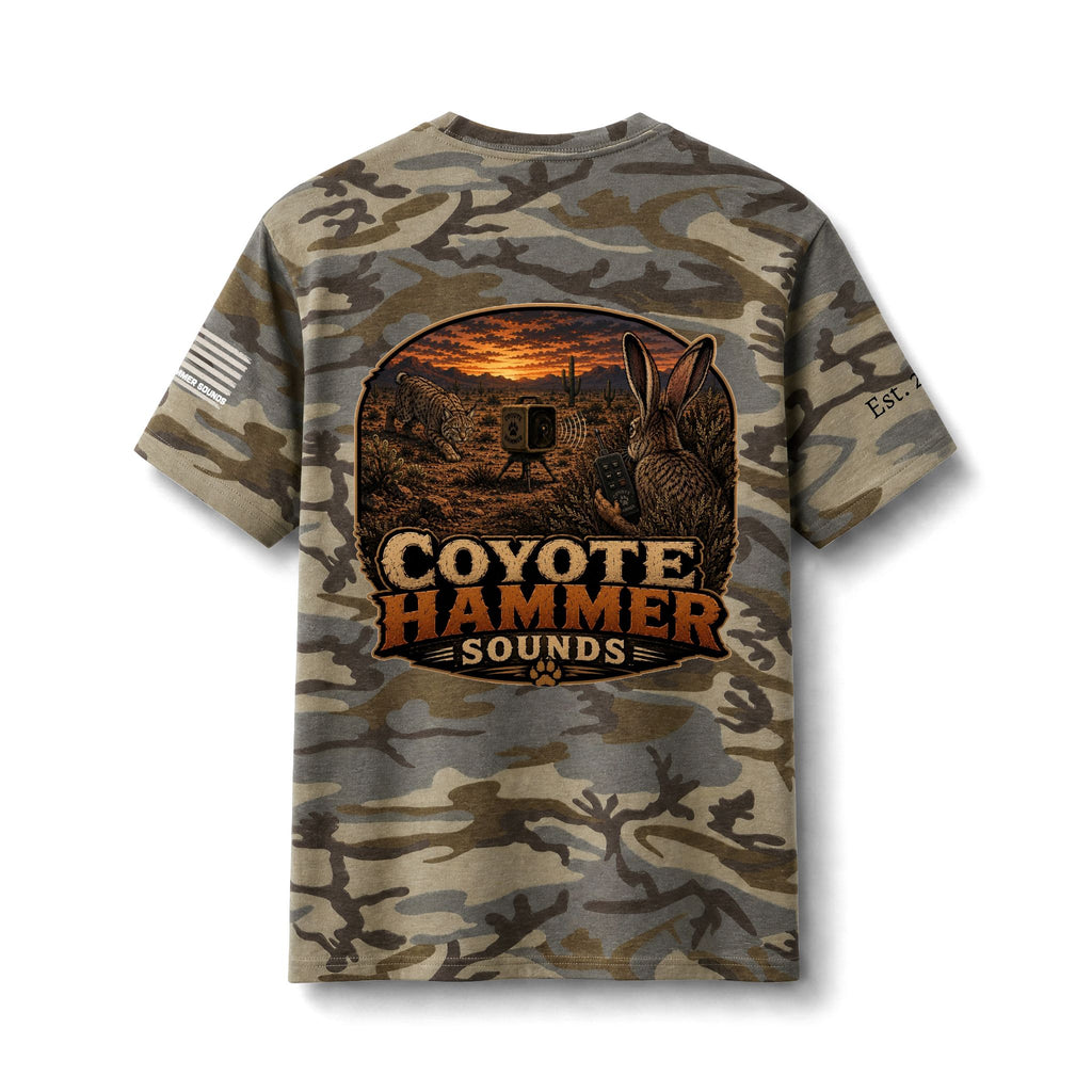 Camo Tee — "Coyote Hammer Sounds" Graphic Hunting Shirt