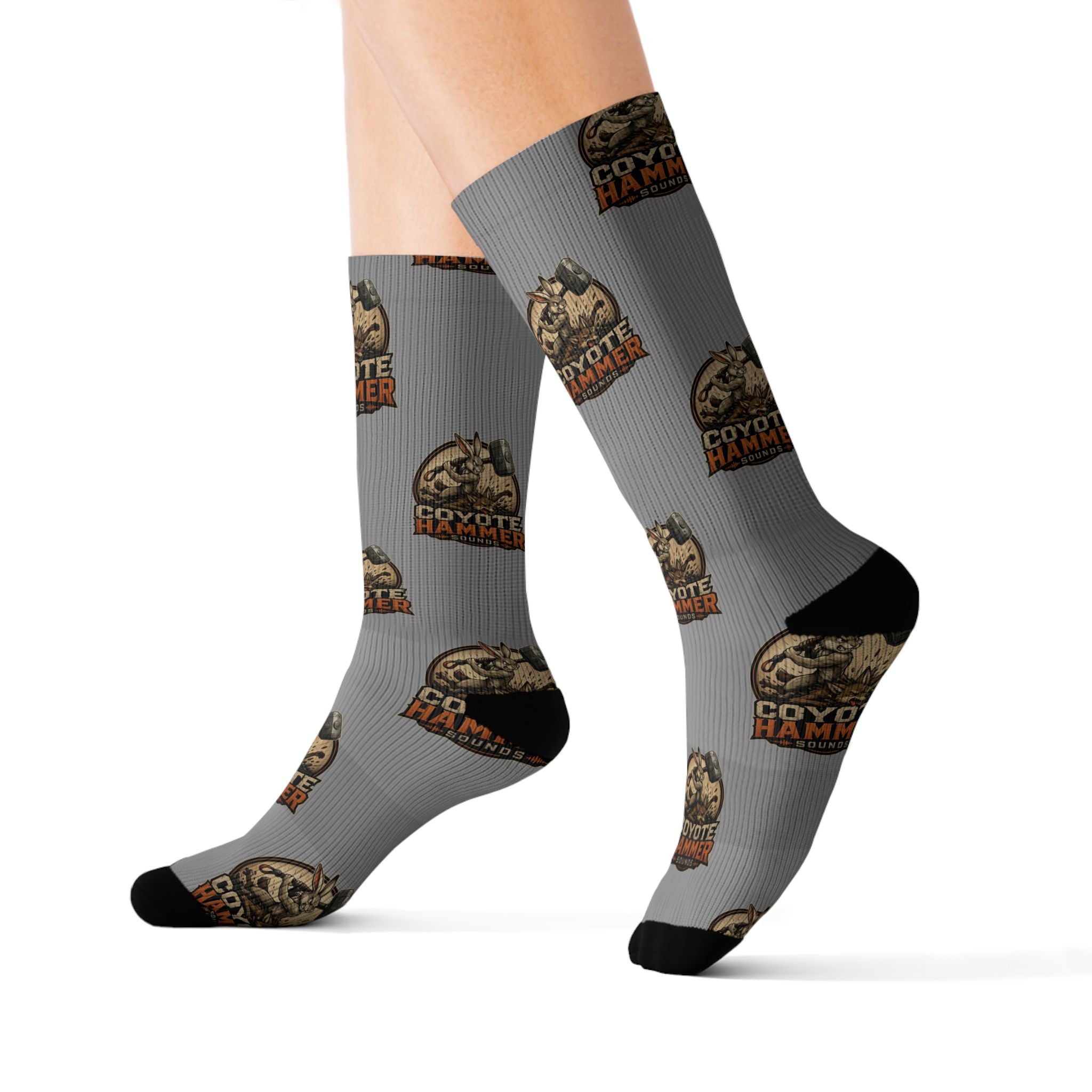 Gray Coyote Hunter Logo Sublimation Socks — Novelty Outdoor Hunting Crew Socks