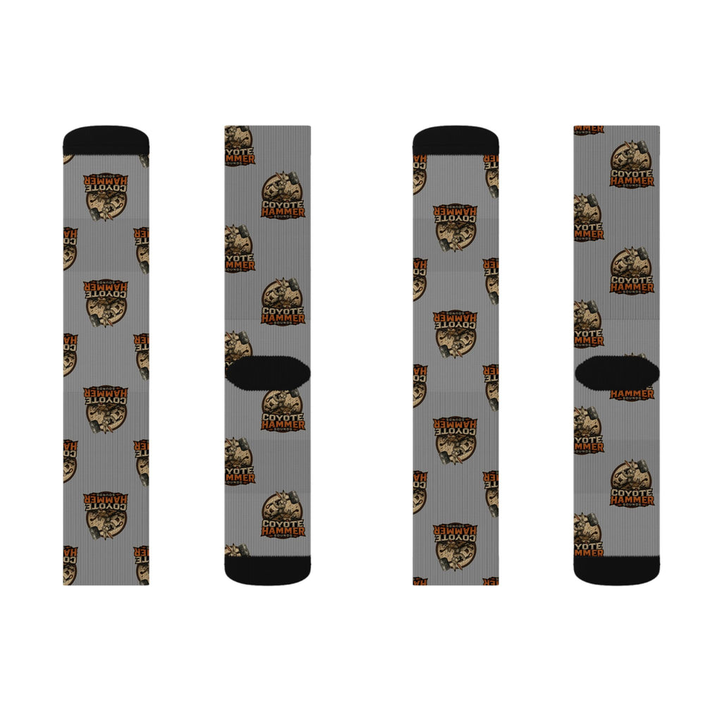 Gray Coyote Hunter Logo Sublimation Socks — Novelty Outdoor Hunting Crew Socks