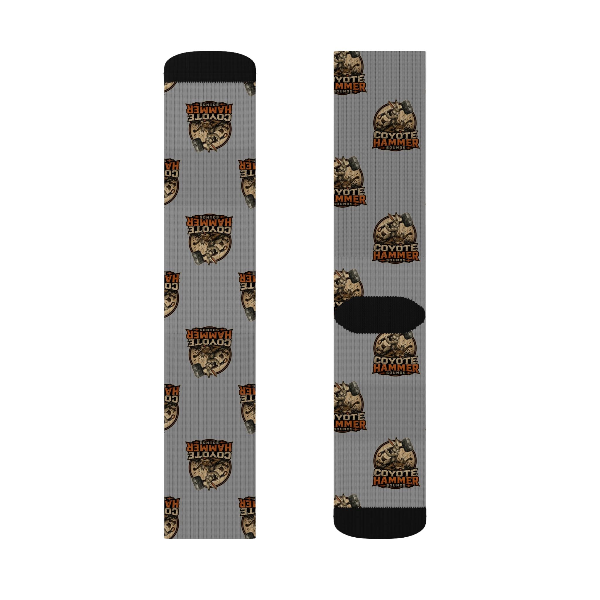 Gray Coyote Hunter Logo Sublimation Socks — Novelty Outdoor Hunting Crew Socks