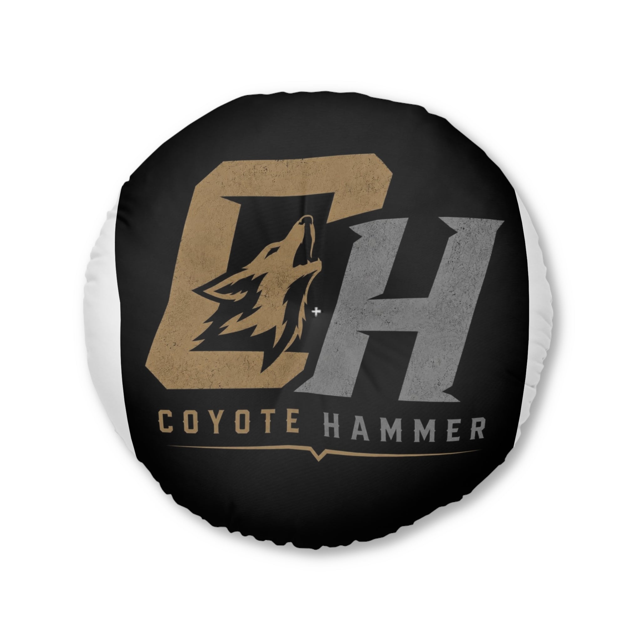 Coyote Hammer Logo Round Tufted Floor Pillow — Black Team Emblem Cushion