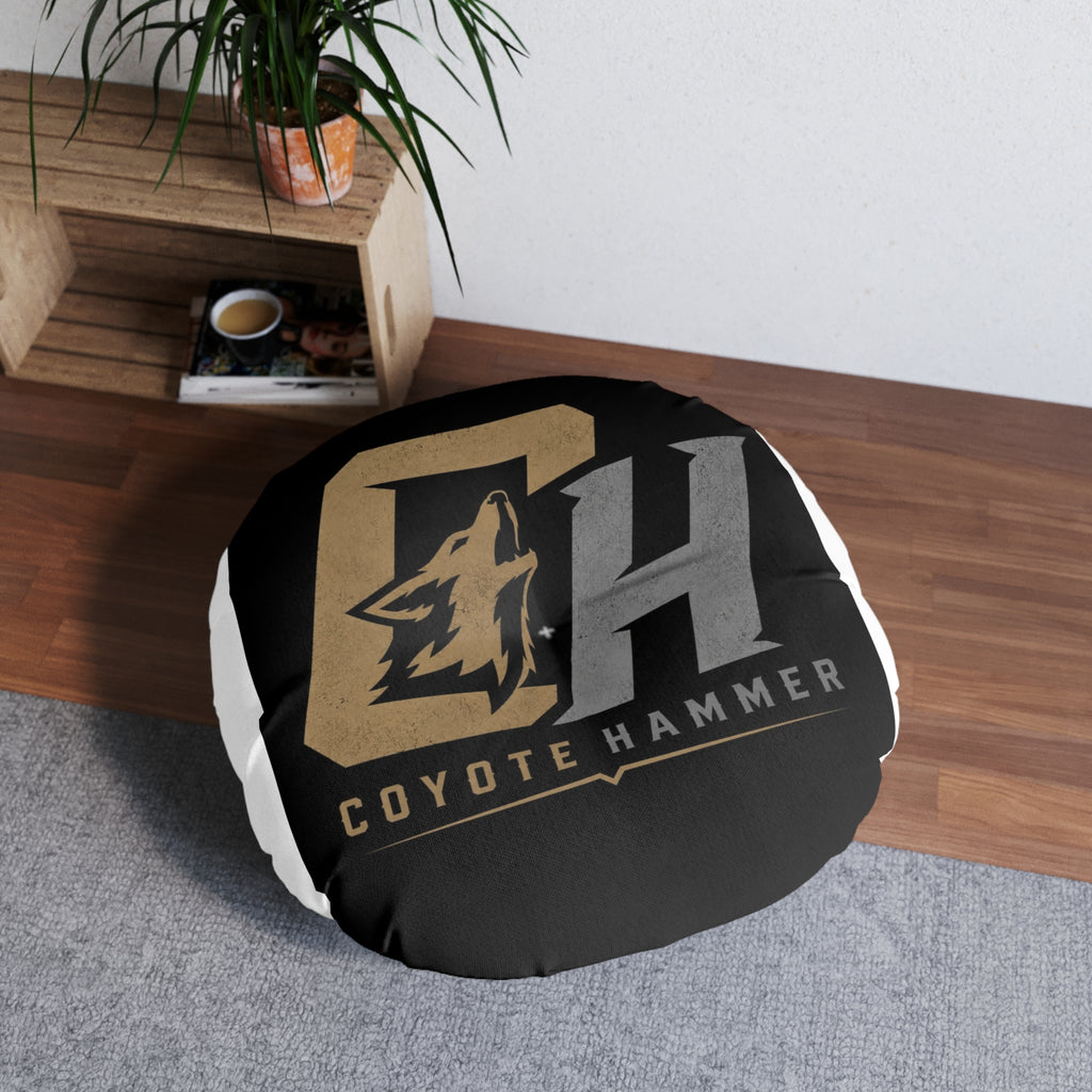 Coyote Hammer Logo Round Tufted Floor Pillow — Black Team Emblem Cushion