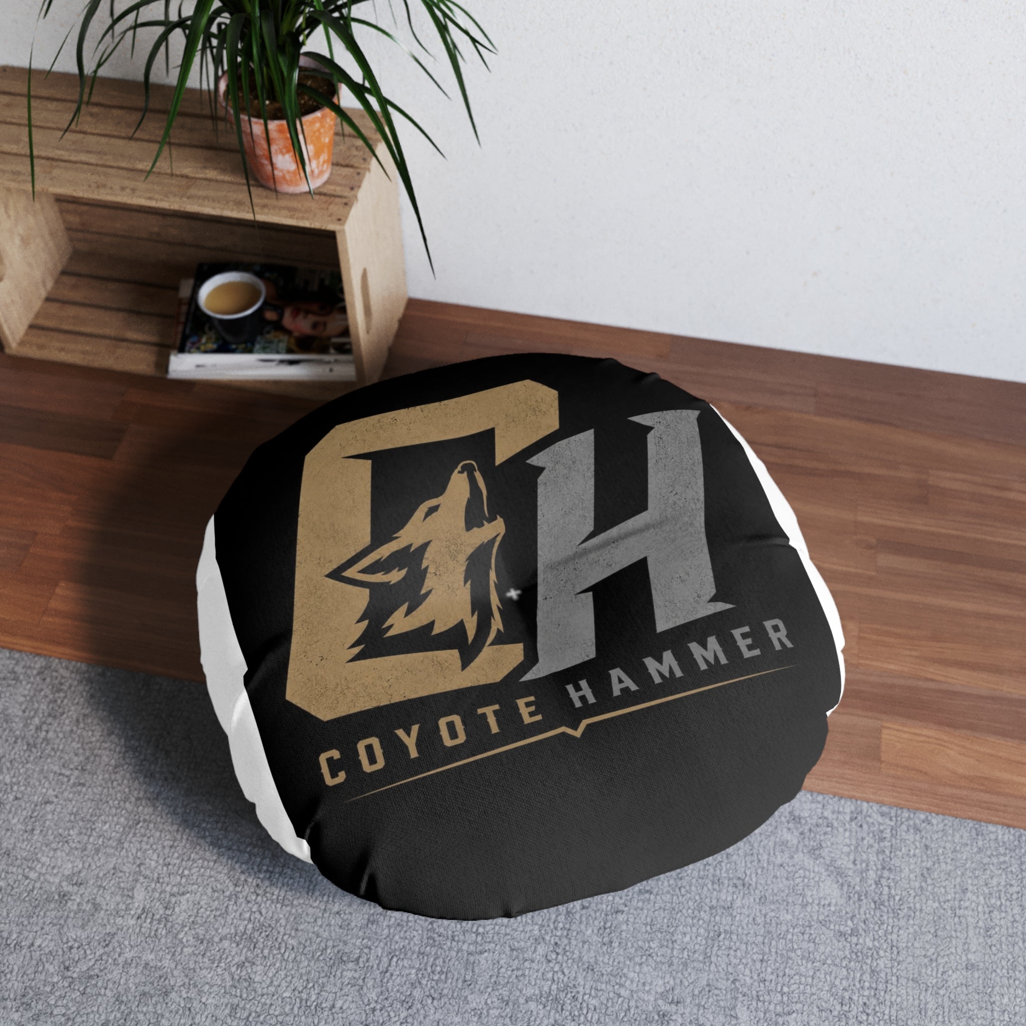 Coyote Hammer Logo Round Tufted Floor Pillow — Black Team Emblem Cushion