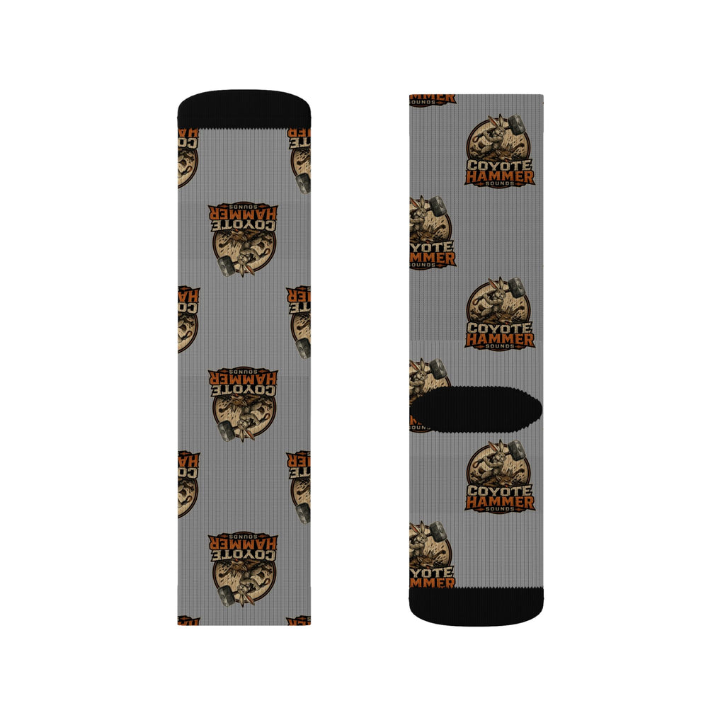 Gray Coyote Hunter Logo Sublimation Socks — Novelty Outdoor Hunting Crew Socks