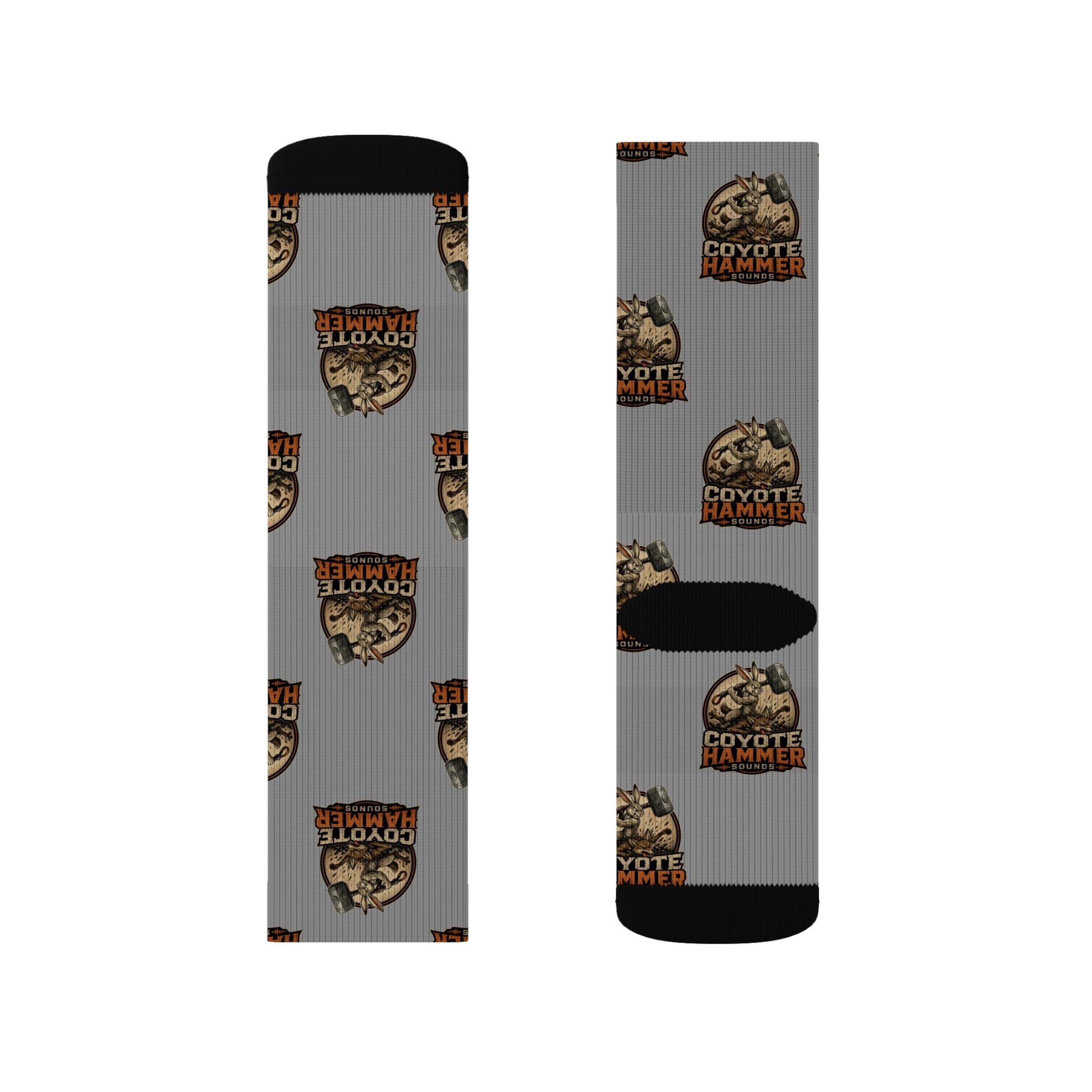 Gray Coyote Hunter Logo Sublimation Socks — Novelty Outdoor Hunting Crew Socks