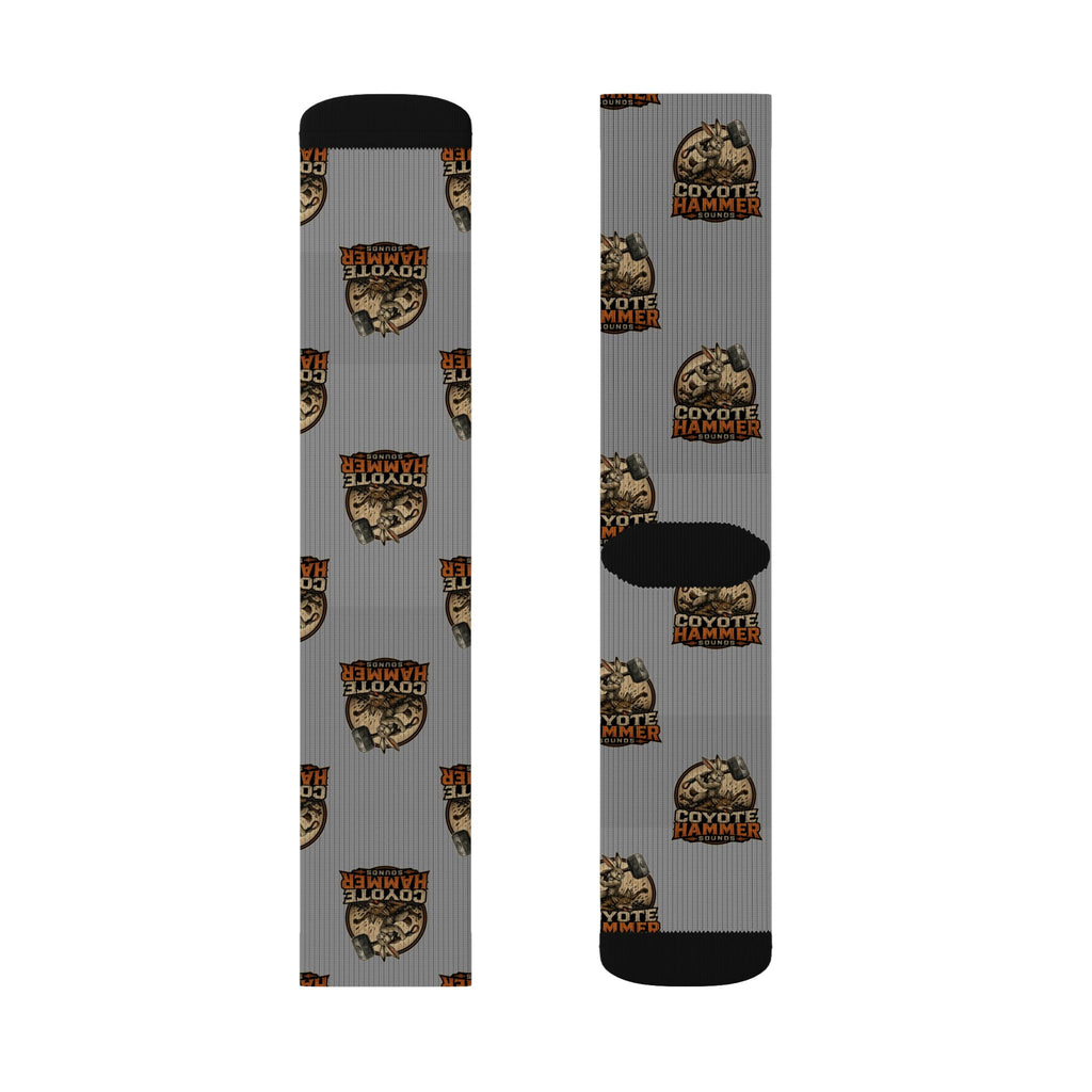 Gray Coyote Hunter Logo Sublimation Socks — Novelty Outdoor Hunting Crew Socks
