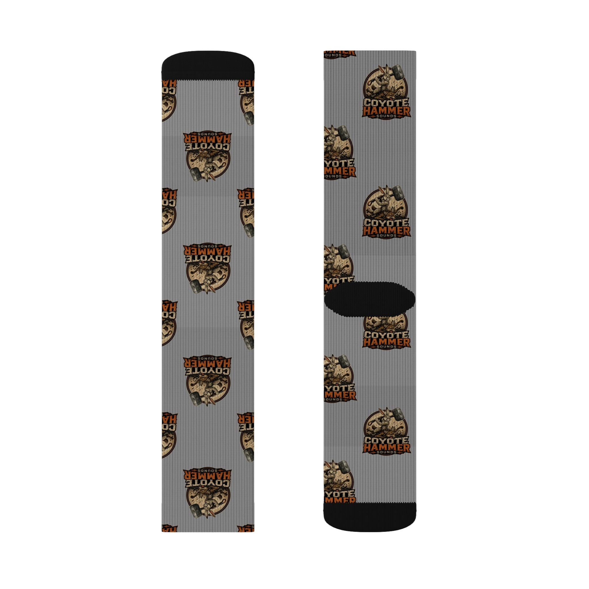 Gray Coyote Hunter Logo Sublimation Socks — Novelty Outdoor Hunting Crew Socks