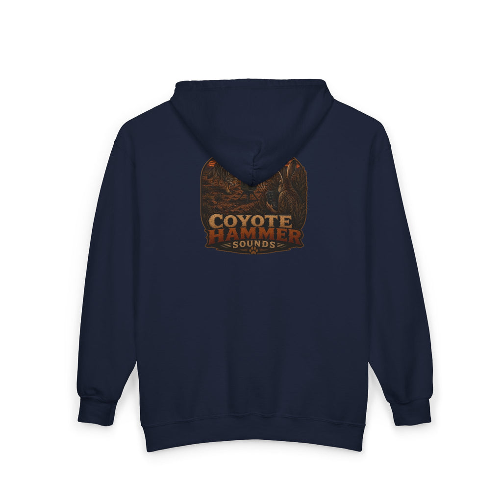 Calling Jack-Coyote Hammer Sounds Zip Hoodie — Rustic Outdoor Hunting Logo Sweatshirt