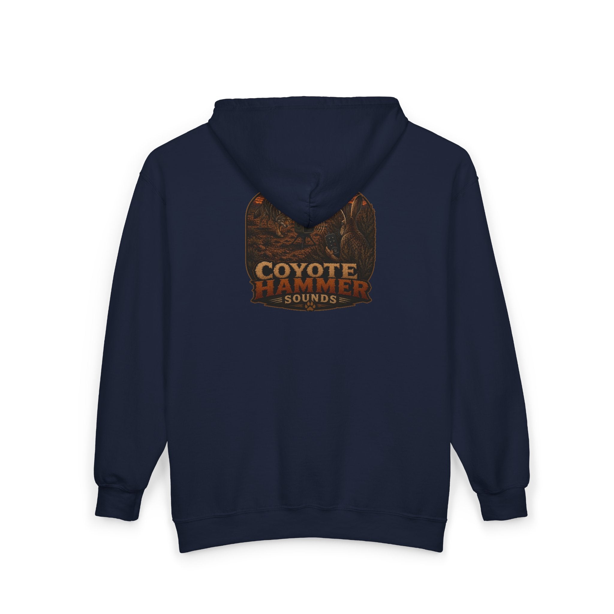 Calling Jack-Coyote Hammer Sounds Zip Hoodie — Rustic Outdoor Hunting Logo Sweatshirt