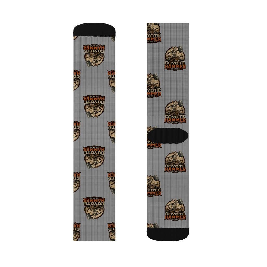 Gray Coyote Hunter Logo Sublimation Socks — Novelty Outdoor Hunting Crew Socks