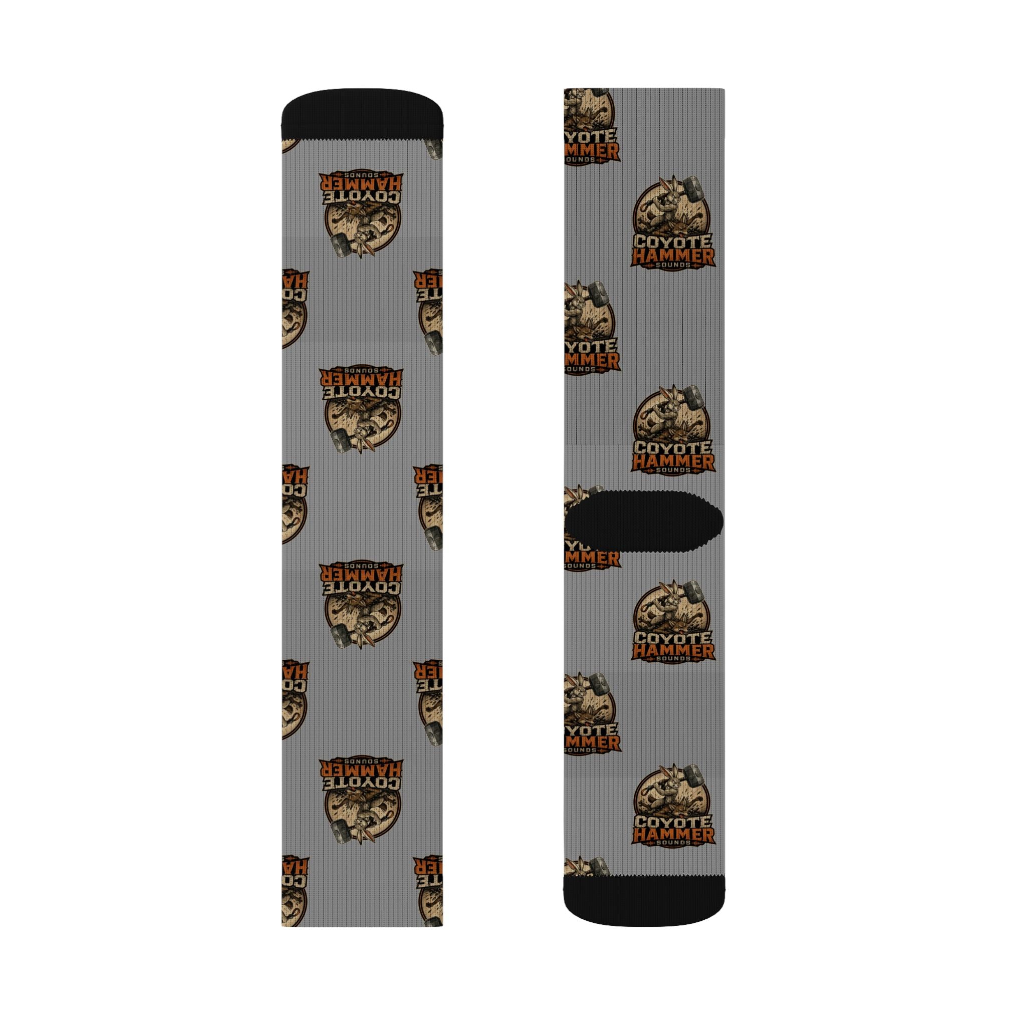 Gray Coyote Hunter Logo Sublimation Socks — Novelty Outdoor Hunting Crew Socks