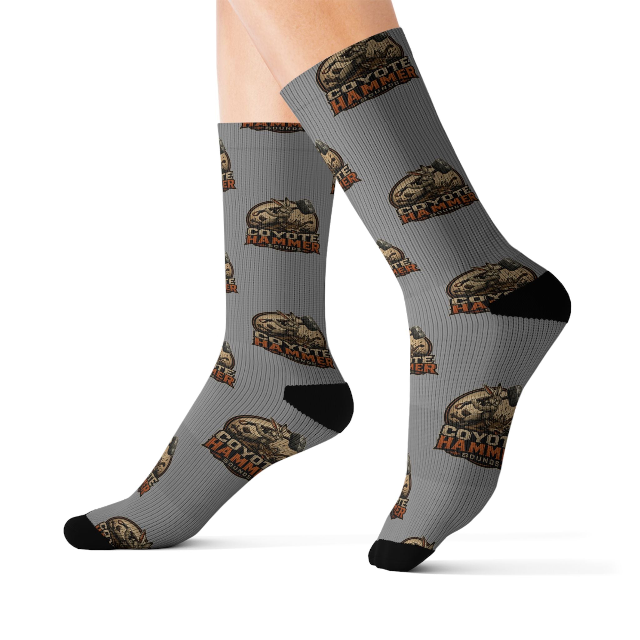 Gray Coyote Hunter Logo Sublimation Socks — Novelty Outdoor Hunting Crew Socks