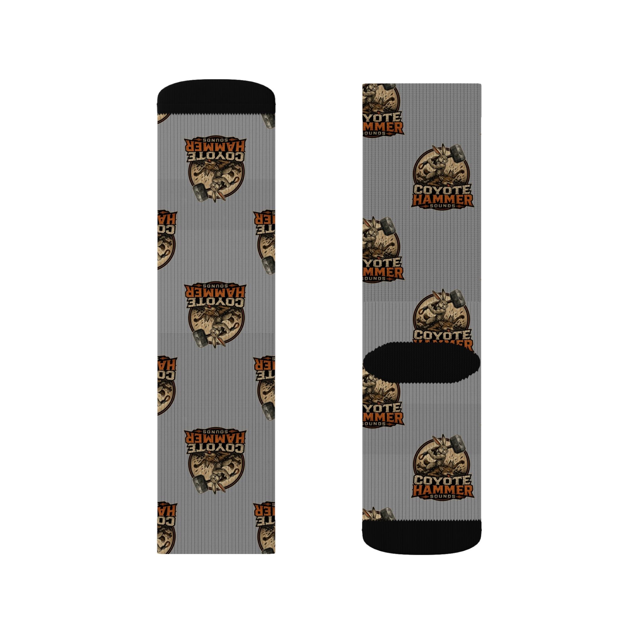 Gray Coyote Hunter Logo Sublimation Socks — Novelty Outdoor Hunting Crew Socks